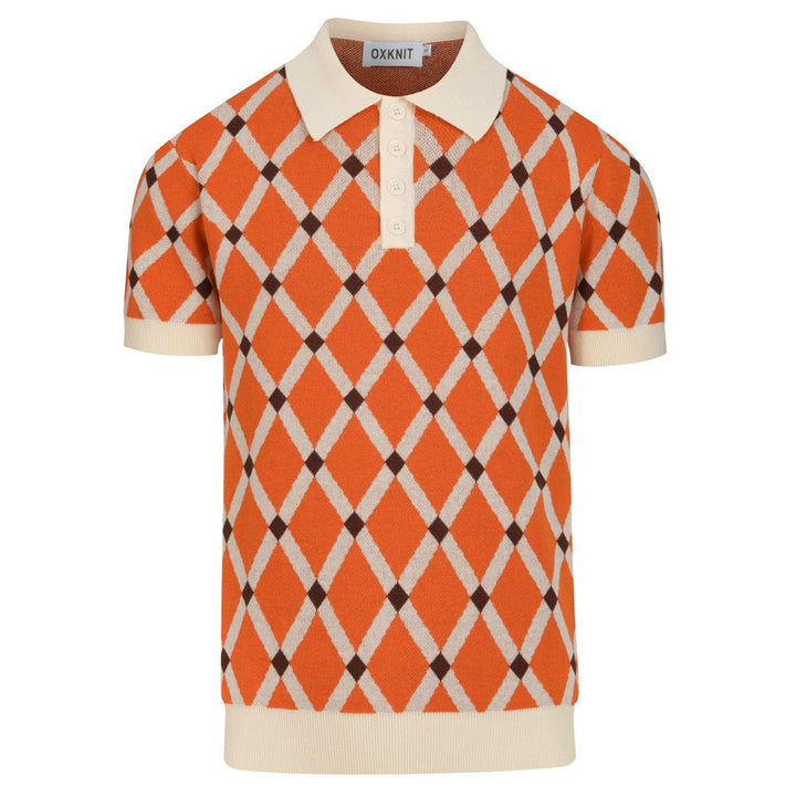 Men’s Orange 70s Collegiate Argyle Polo Knit Shirt