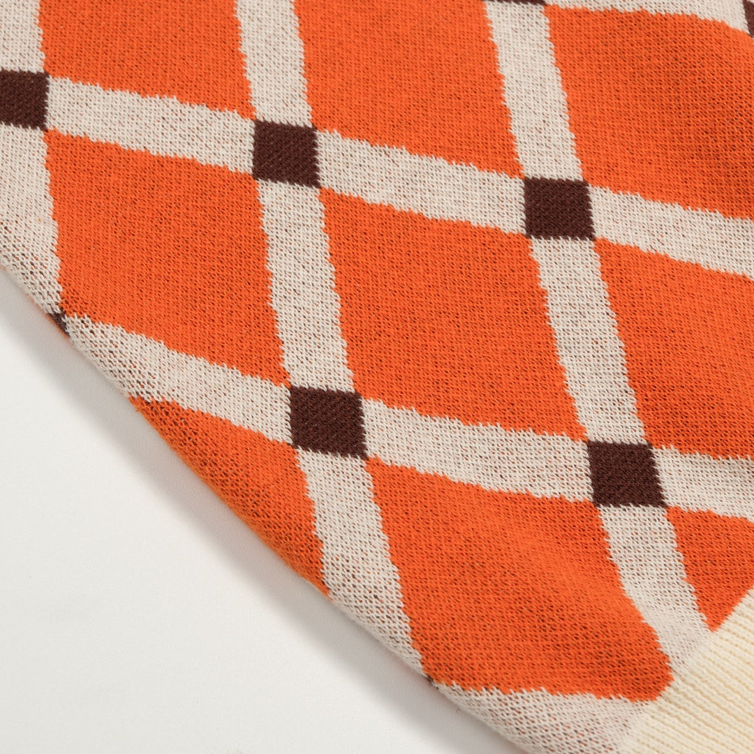 Men’s Orange 70s Collegiate Argyle Polo Knit Shirt