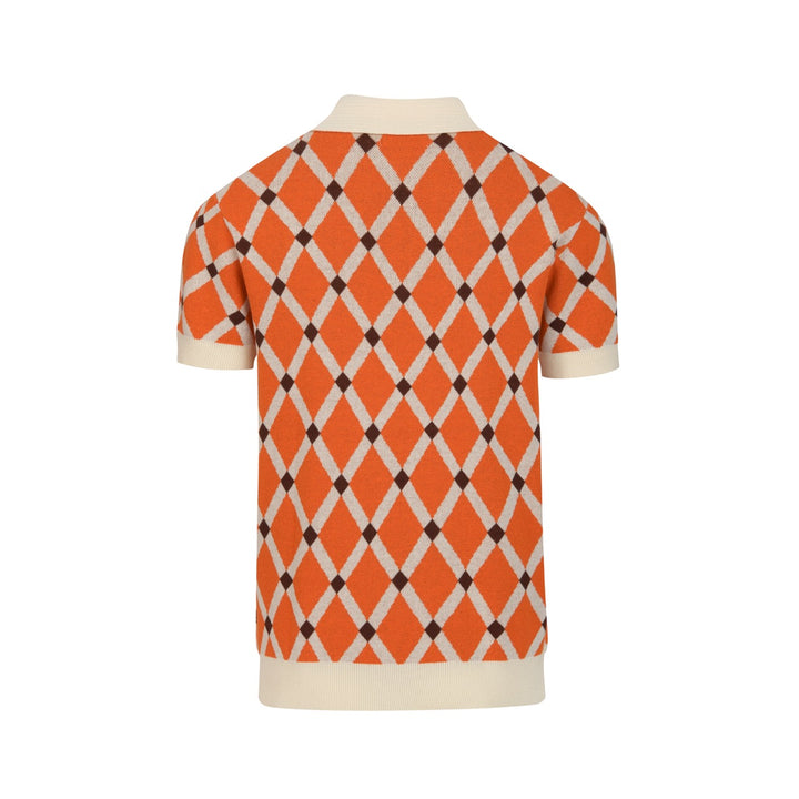 Men’s Orange 70s Collegiate Argyle Polo Knit Shirt