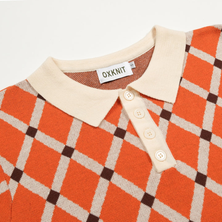 Men’s Orange 70s Collegiate Argyle Polo Knit Shirt
