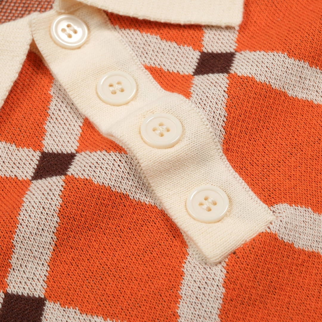 Men’s Orange 70s Collegiate Argyle Polo Knit Shirt
