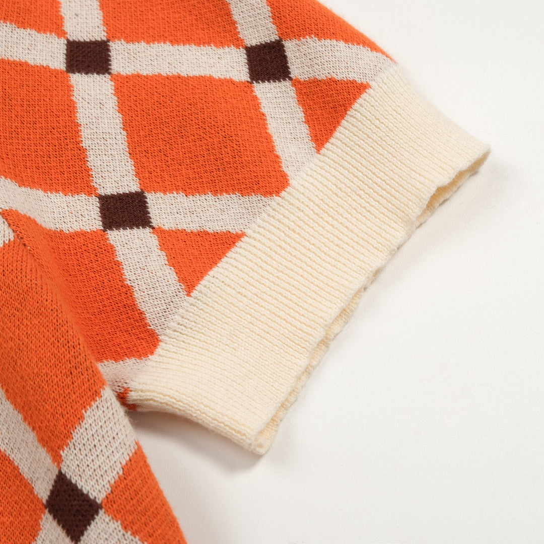 Men’s Orange 70s Collegiate Argyle Polo Knit Shirt