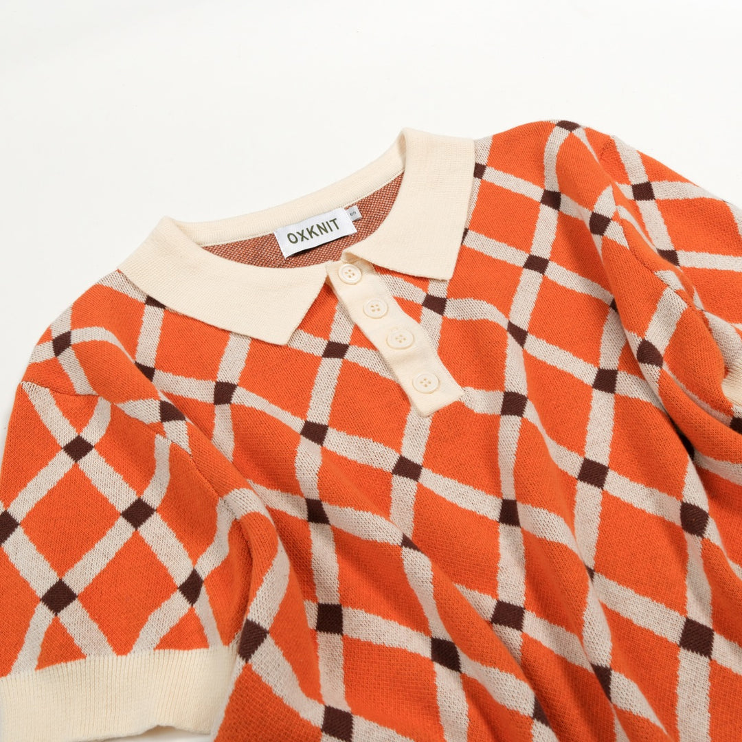 Men’s Orange 70s Collegiate Argyle Polo Knit Shirt
