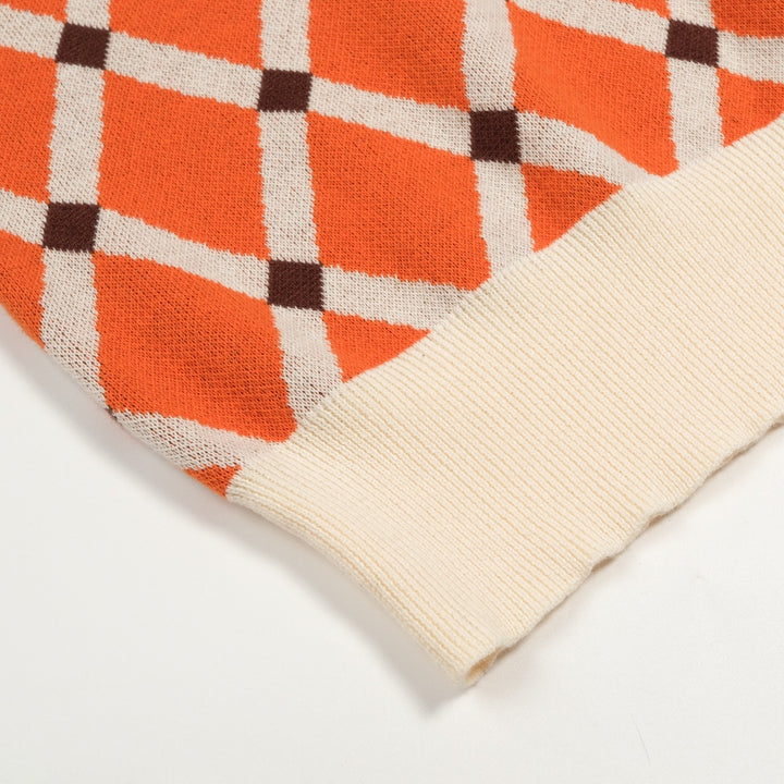Men’s Orange 70s Collegiate Argyle Polo Knit Shirt