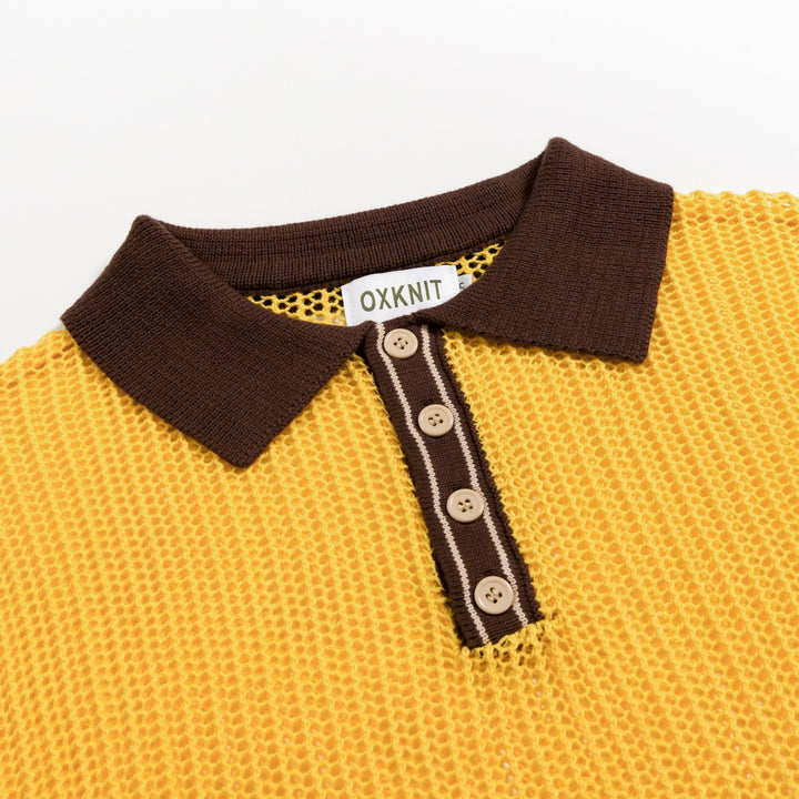 Men’s Yellow 70s Sunny Summer Openwork Resort Polo Knit Shirt