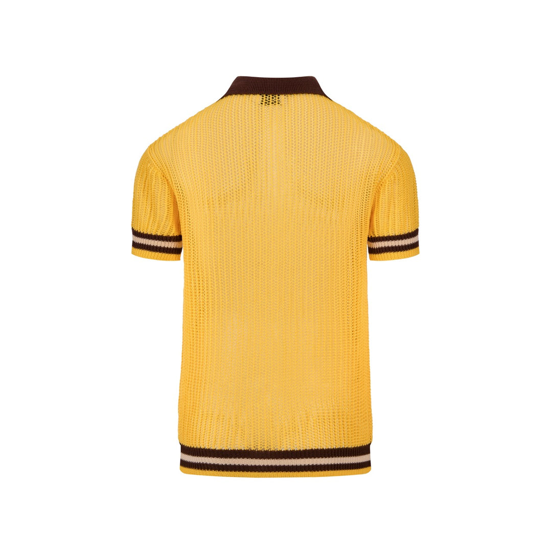 Men’s Yellow 70s Sunny Summer Openwork Resort Polo Knit Shirt