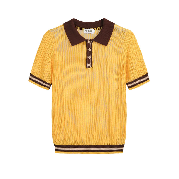 Men’s Yellow 70s Sunny Summer Openwork Resort Polo Knit Shirt