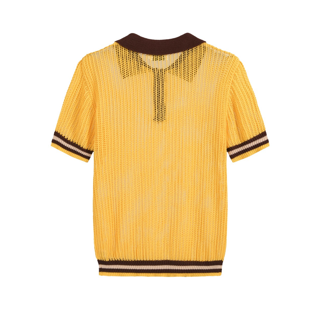 Men’s Yellow 70s Sunny Summer Openwork Resort Polo Knit Shirt