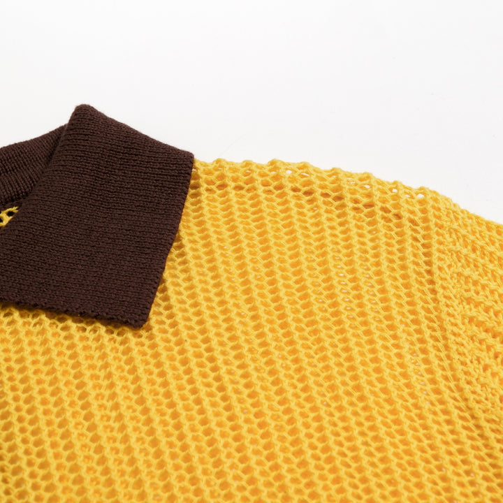 Men’s Yellow 70s Sunny Summer Openwork Resort Polo Knit Shirt