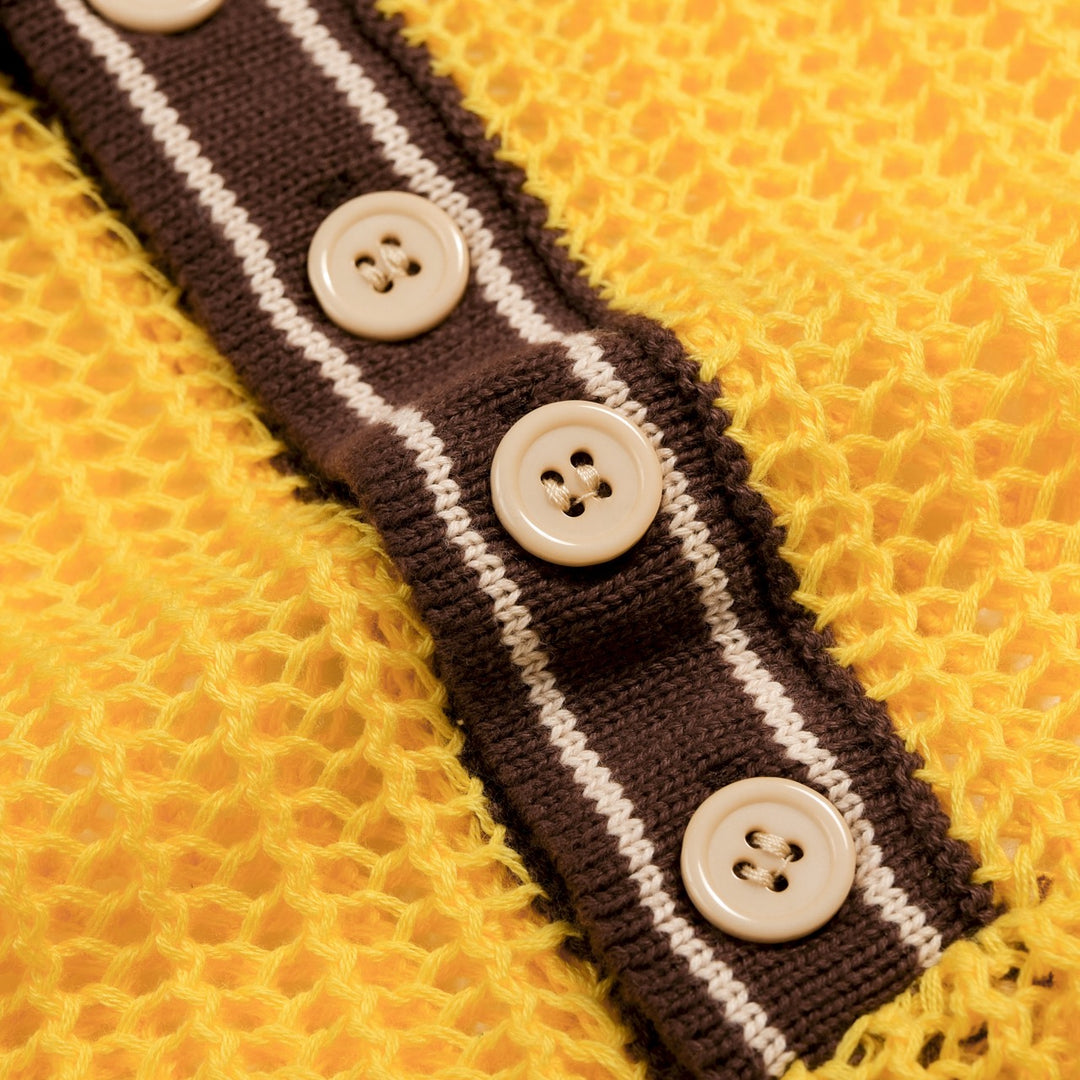 Men’s Yellow 70s Sunny Summer Openwork Resort Polo Knit Shirt