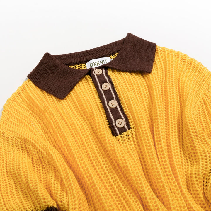 Men’s Yellow 70s Sunny Summer Openwork Resort Polo Knit Shirt
