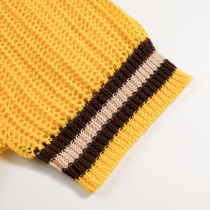 Men’s Yellow 70s Sunny Summer Openwork Resort Polo Knit Shirt