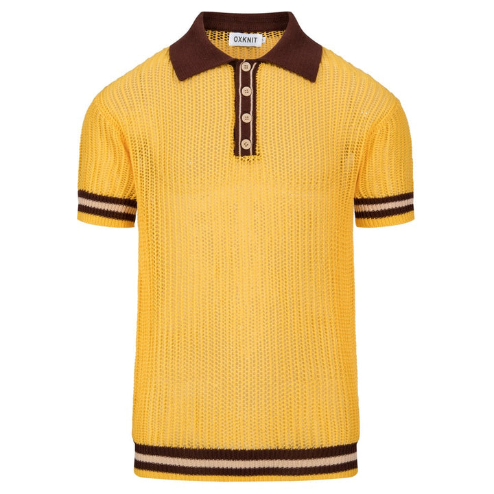 Men’s Yellow 70s Sunny Summer Openwork Resort Polo Knit Shirt