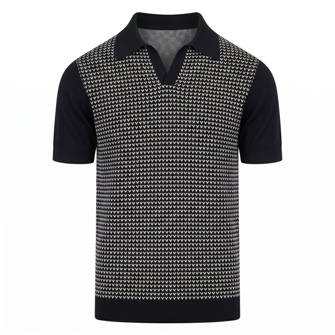 Men’s 70s Black-and-White Minimalist Mod Polo Knit T-Shirt