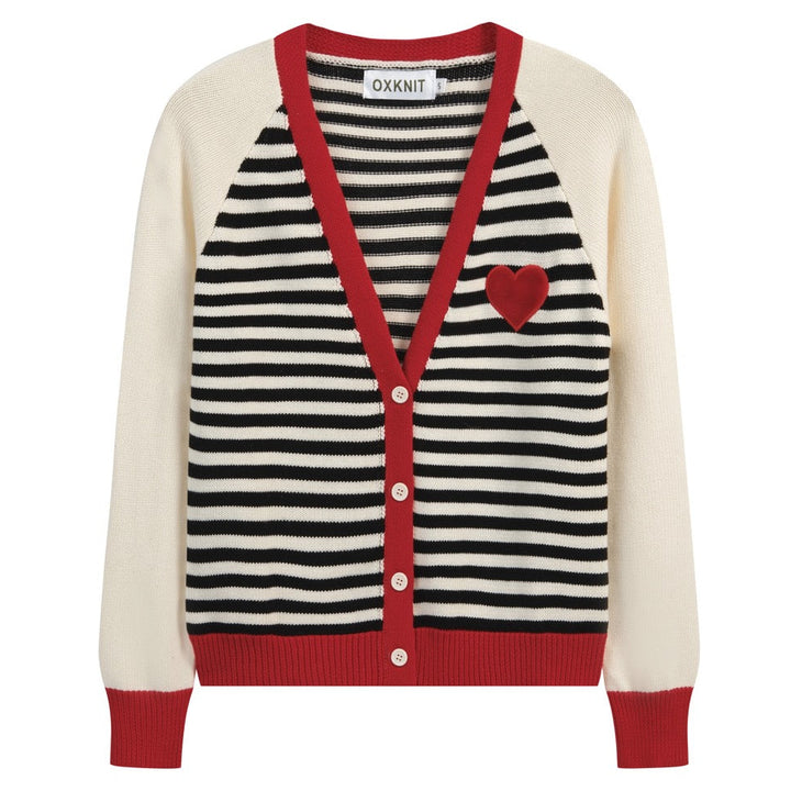 Cardigan de Malha Bege com Risca e Coração Bordado para Mulher