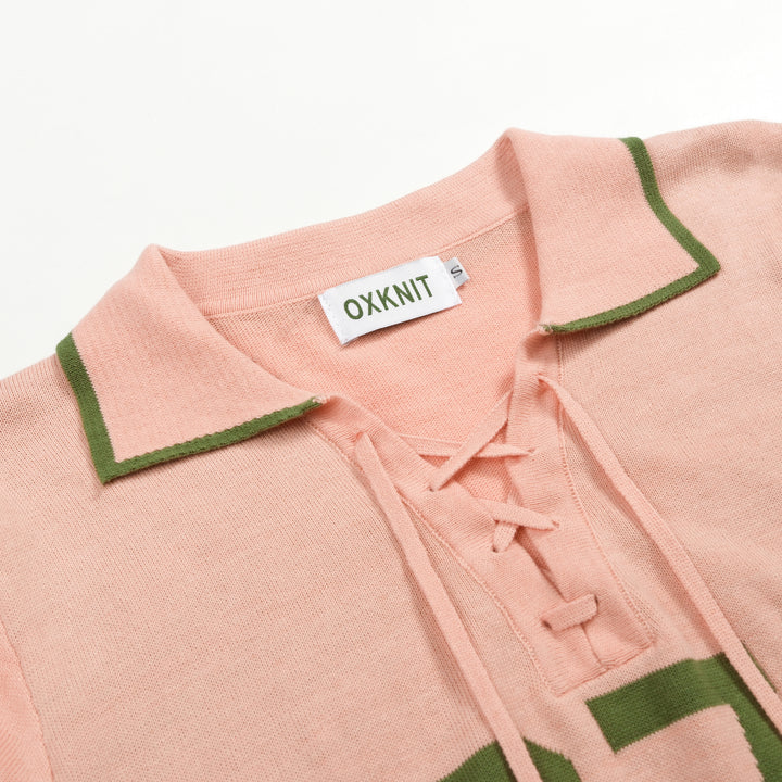Women's Pink 70s Vintage Preppy Tie-Neck Polo Knit Sweater