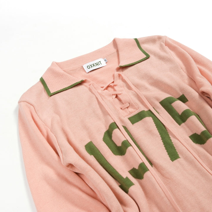 Women's Pink 70s Vintage Preppy Tie-Neck Polo Knit Sweater