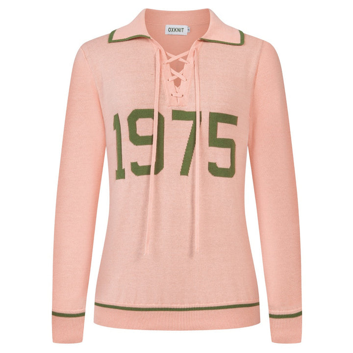 Women's Pink 70s Vintage Preppy Tie-Neck Polo Knit Sweater