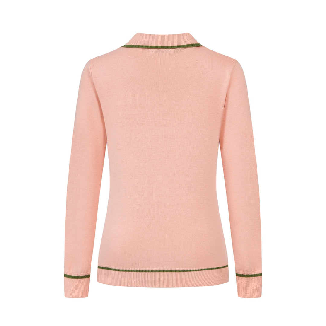 Women's Pink 70s Vintage Preppy Tie-Neck Polo Knit Sweater