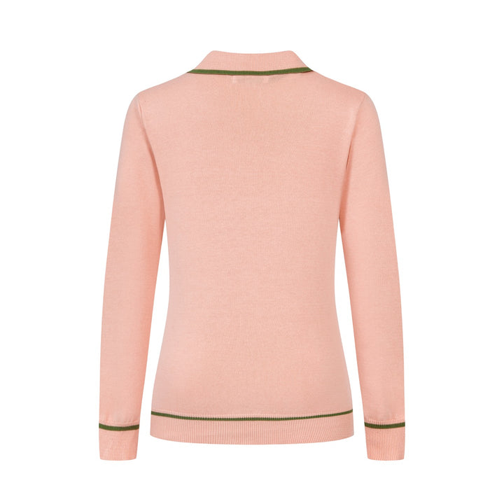 Women's Pink 70s Vintage Preppy Tie-Neck Polo Knit Sweater