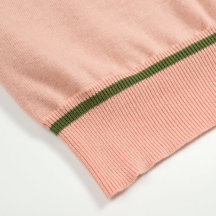 Women's Pink 70s Vintage Preppy Tie-Neck Polo Knit Sweater