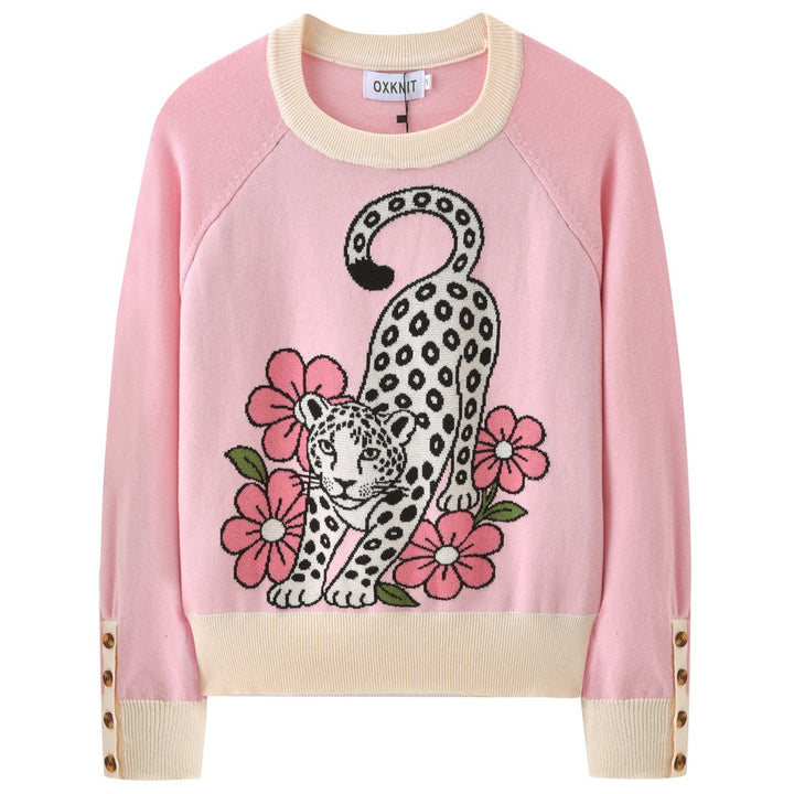 Women's Pink Vintage Floral Cheetah Art Jacquard Crew Neck Knit Sweater