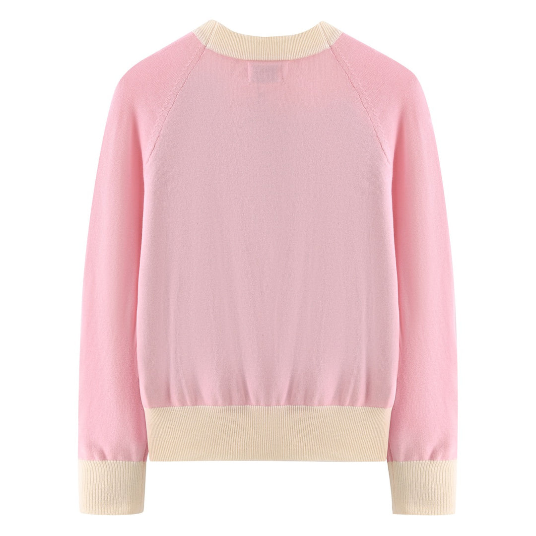 Women's Pink Vintage Floral Cheetah Art Jacquard Crew Neck Knit Sweater
