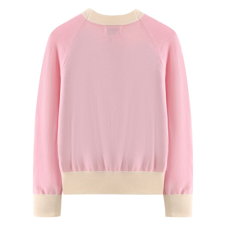 Women's Pink Vintage Floral Cheetah Art Jacquard Crew Neck Knit Sweater