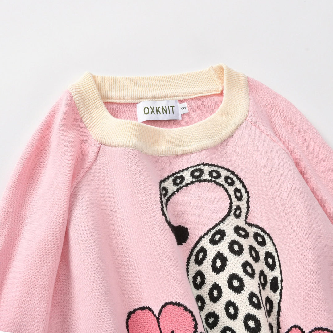 Women's Pink Vintage Floral Cheetah Art Jacquard Crew Neck Knit Sweater