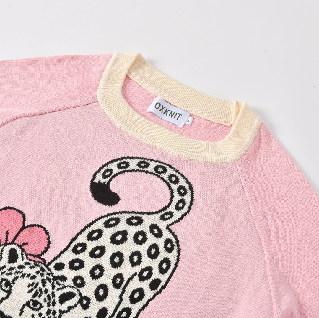 Women's Pink Vintage Floral Cheetah Art Jacquard Crew Neck Knit Sweater