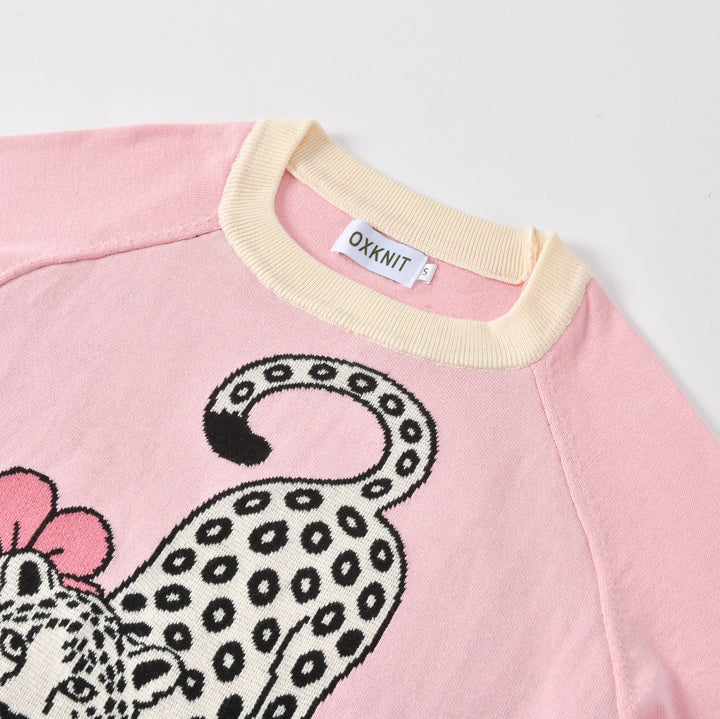 Women's Pink Vintage Floral Cheetah Art Jacquard Crew Neck Knit Sweater