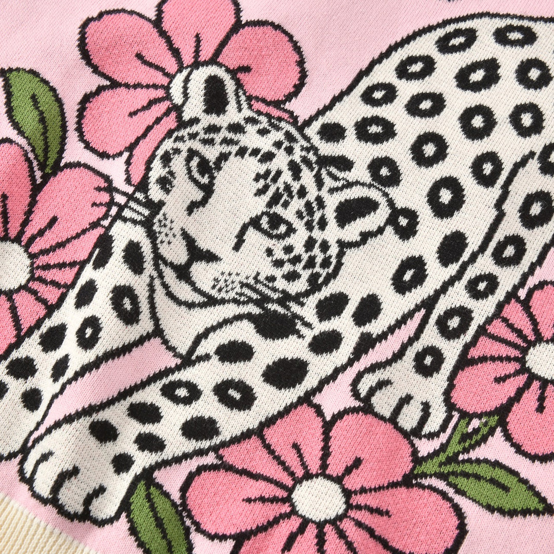 Women's Pink Vintage Floral Cheetah Art Jacquard Crew Neck Knit Sweater
