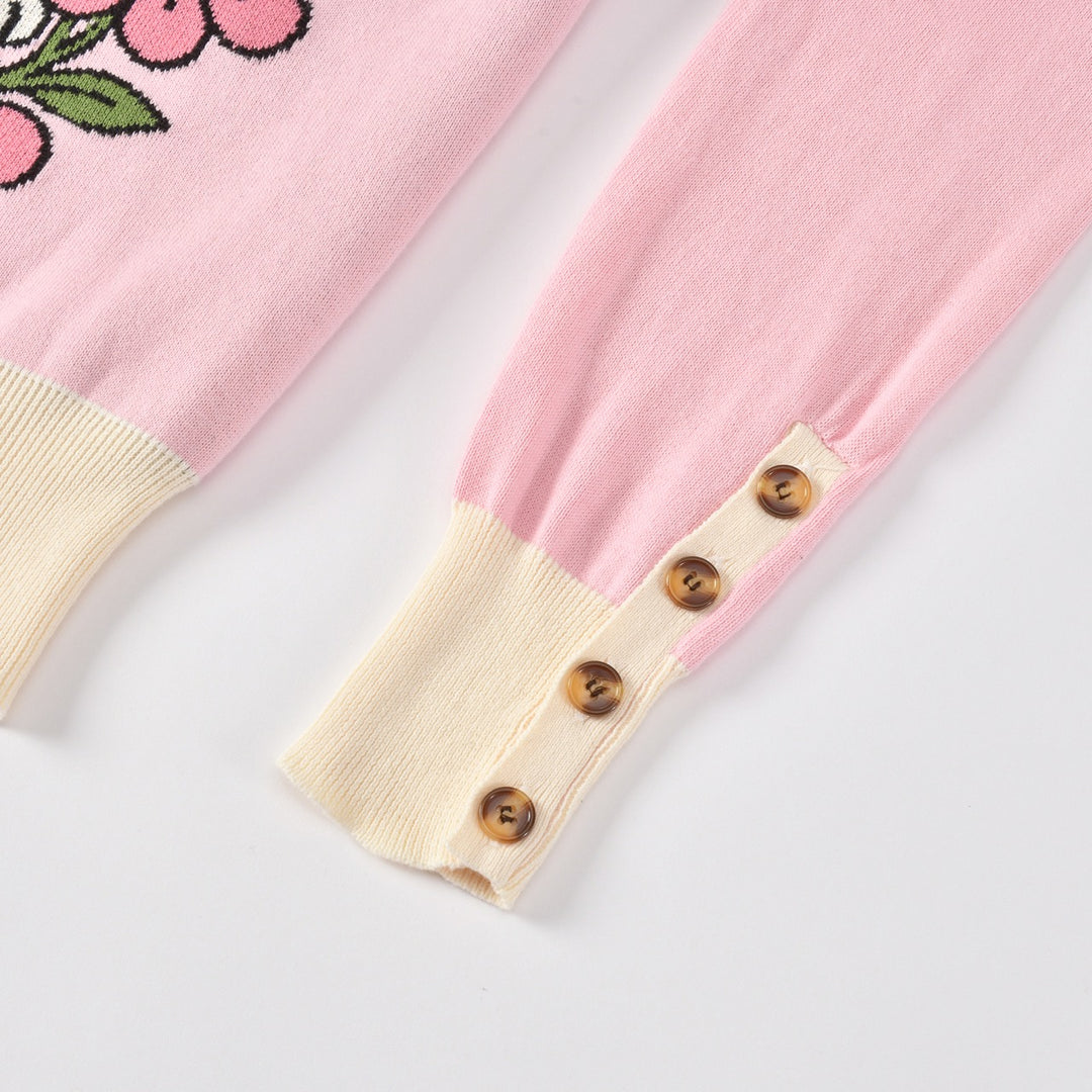 Women's Pink Vintage Floral Cheetah Art Jacquard Crew Neck Knit Sweater