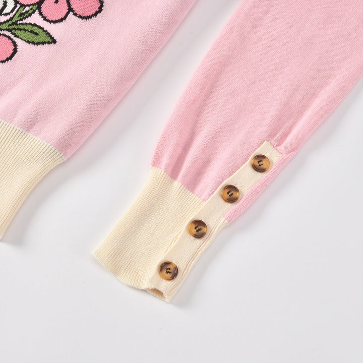 Women's Pink Vintage Floral Cheetah Art Jacquard Crew Neck Knit Sweater