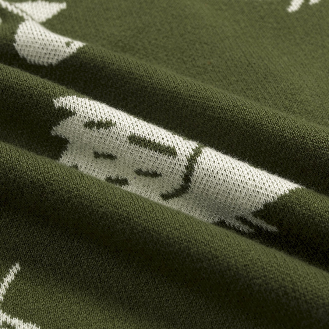 Women's Green Vintage Fun Hedgehog Crew Neck Shoulder Button Knit Sweater