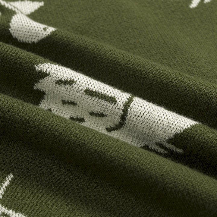Women's Green Vintage Fun Hedgehog Crew Neck Shoulder Button Knit Sweater