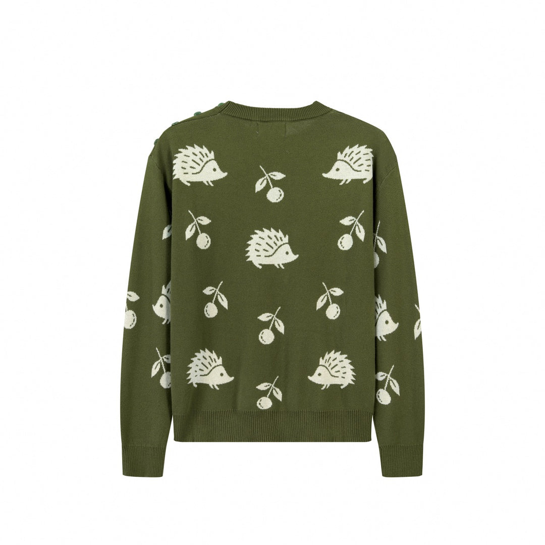 Women's Green Vintage Fun Hedgehog Crew Neck Shoulder Button Knit Sweater