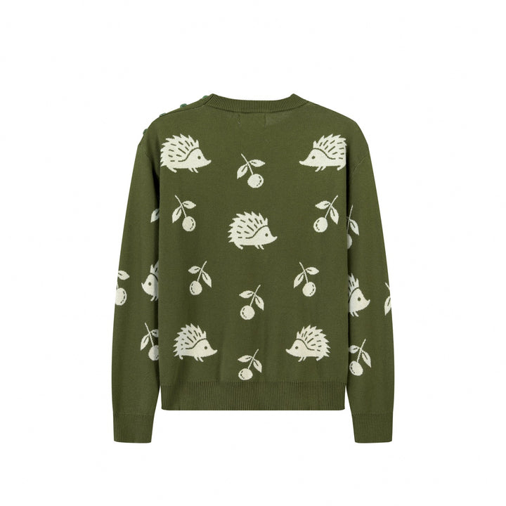 Women's Green Vintage Fun Hedgehog Crew Neck Shoulder Button Knit Sweater