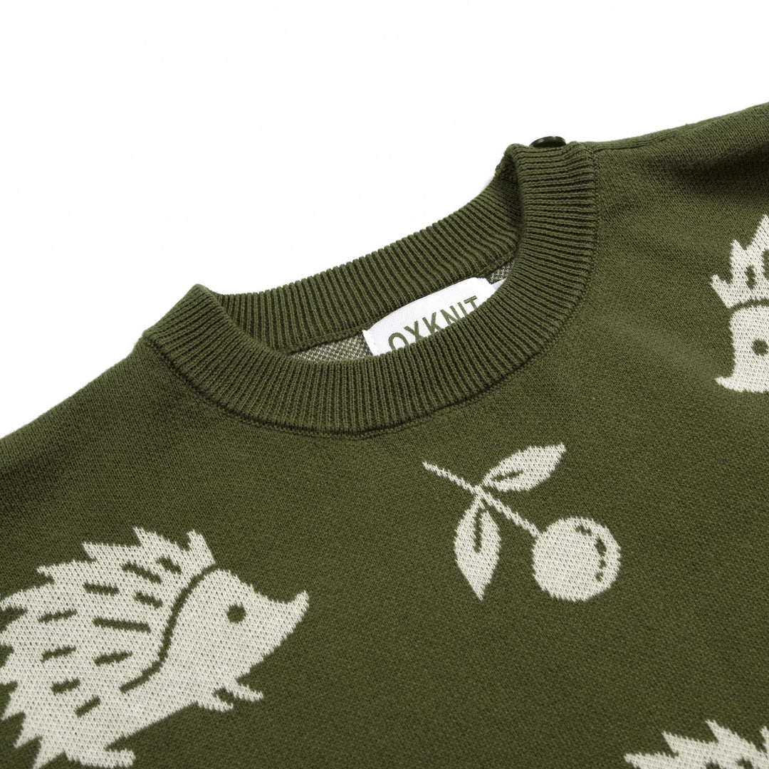 Women's Green Vintage Fun Hedgehog Crew Neck Shoulder Button Knit Sweater