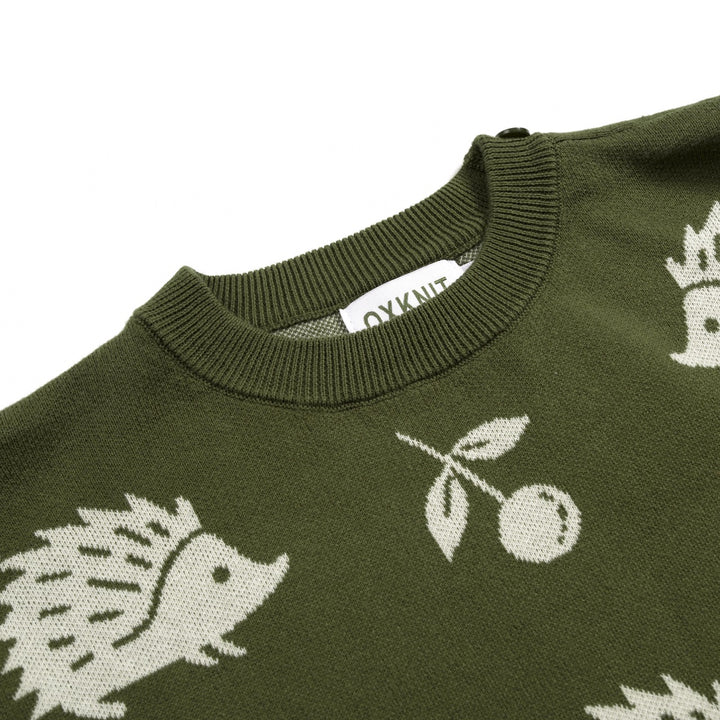 Women's Green Vintage Fun Hedgehog Crew Neck Shoulder Button Knit Sweater