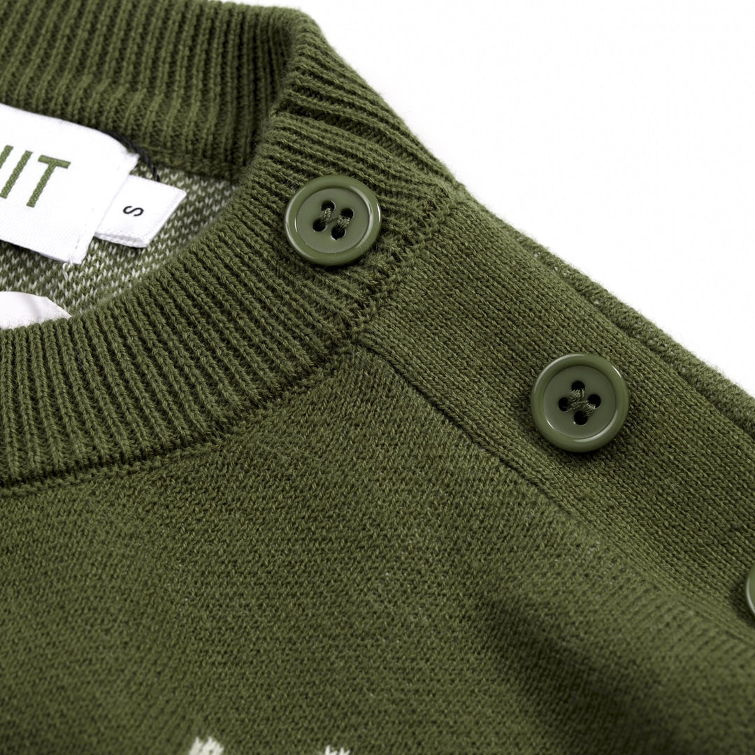 Women's Green Vintage Fun Hedgehog Crew Neck Shoulder Button Knit Sweater