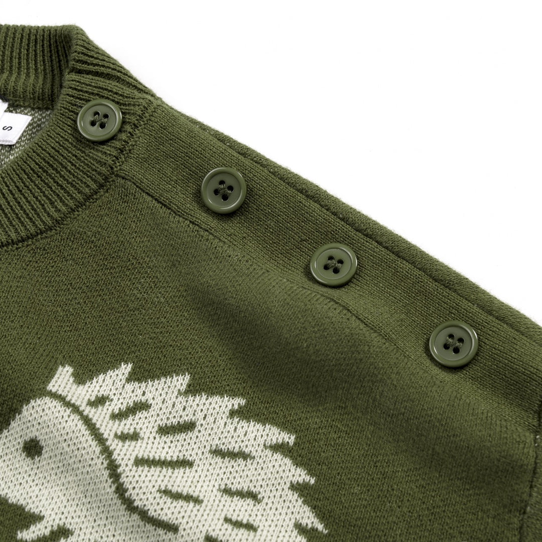 Women's Green Vintage Fun Hedgehog Crew Neck Shoulder Button Knit Sweater