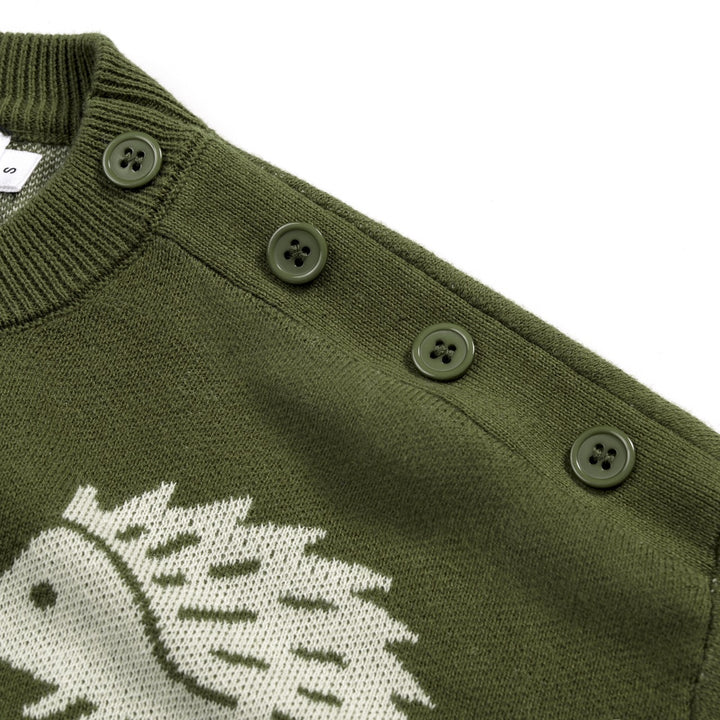 Women's Green Vintage Fun Hedgehog Crew Neck Shoulder Button Knit Sweater