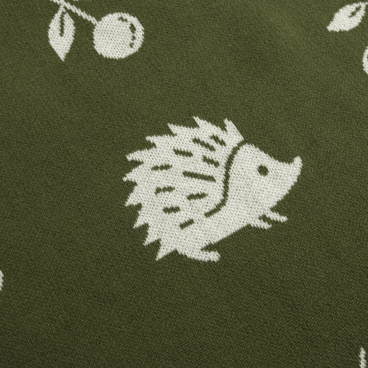 Women's Green Vintage Fun Hedgehog Crew Neck Shoulder Button Knit Sweater
