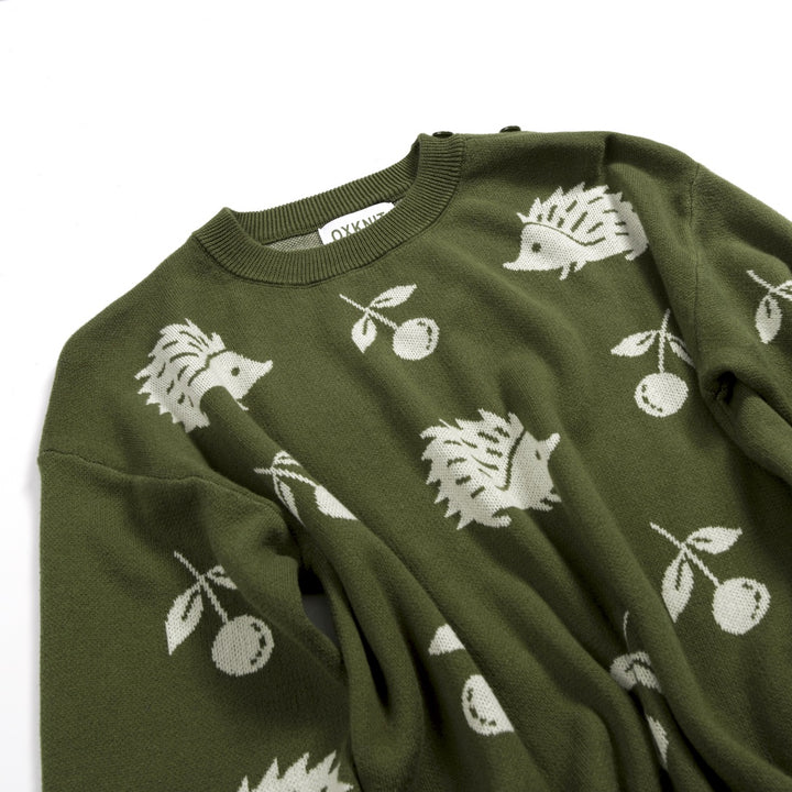 Women's Green Vintage Fun Hedgehog Crew Neck Shoulder Button Knit Sweater
