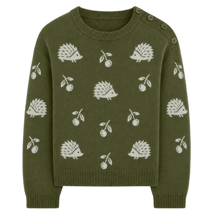 Women's Green Vintage Fun Hedgehog Crew Neck Shoulder Button Knit Sweater