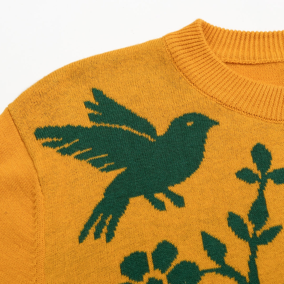 Suéter de punto jacquard vintage mostaza para mujer con arte folclórico, flores y pájaros