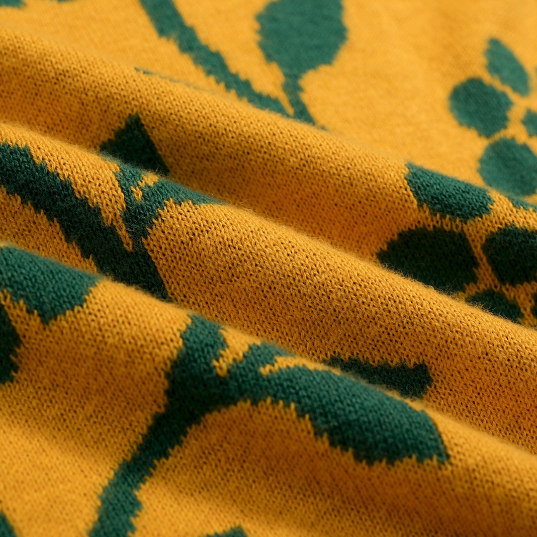 Suéter de punto jacquard vintage mostaza para mujer con arte folclórico, flores y pájaros