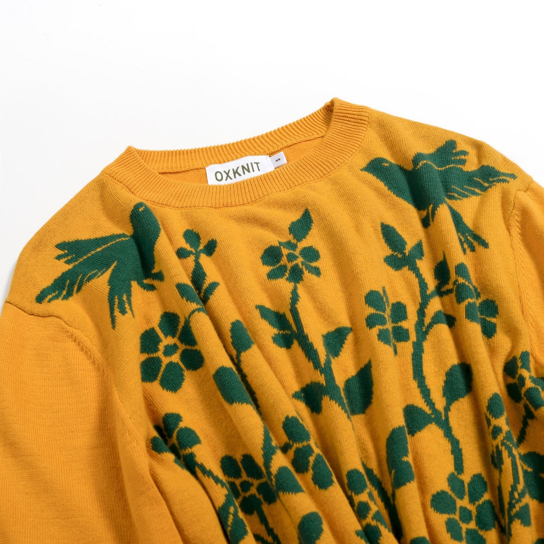 Suéter de punto jacquard vintage mostaza para mujer con arte folclórico, flores y pájaros