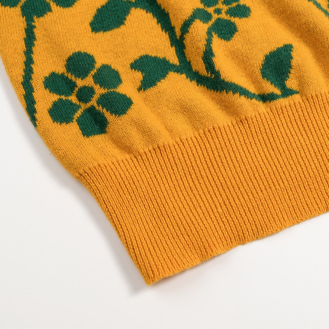 Suéter de punto jacquard vintage mostaza para mujer con arte folclórico, flores y pájaros